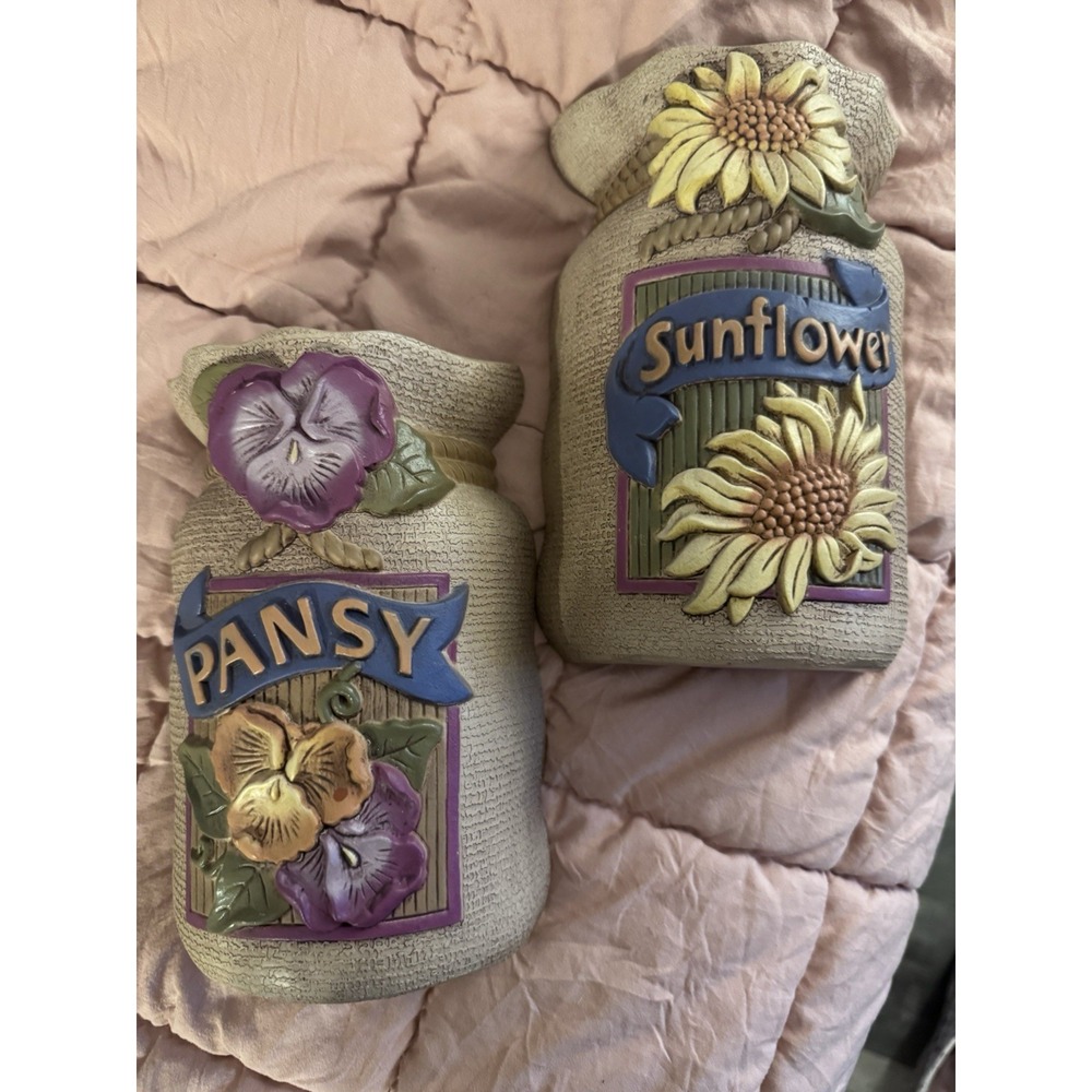 Vtg Planter Wall Hanger Sunflower Pansy Burlap Sack Pocket Country Cottagecore